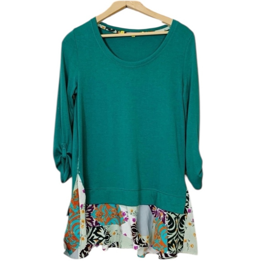 Anthropologie Little Yellow Button Teal Tunic Contrast Panel